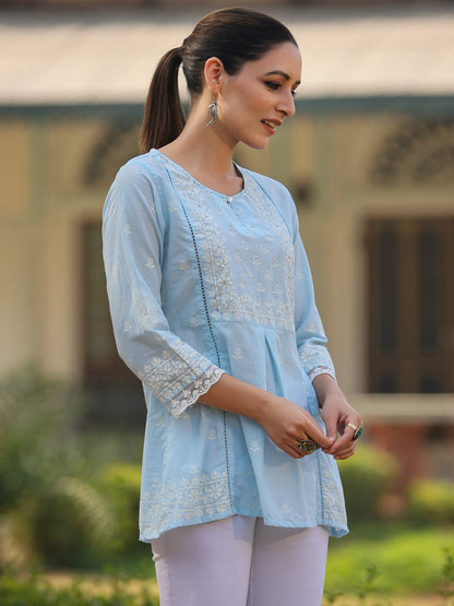 Powderblue Cambric Floral Printed Tunic
