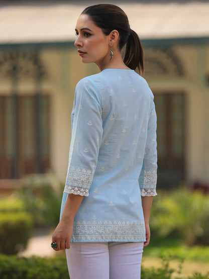Powderblue Cambric Floral Printed Tunic