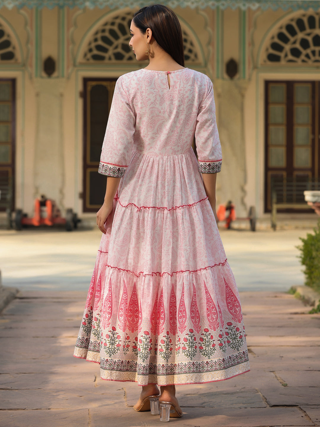 Baby Pink Cotton Voile Printed Tiered Maxi Dress