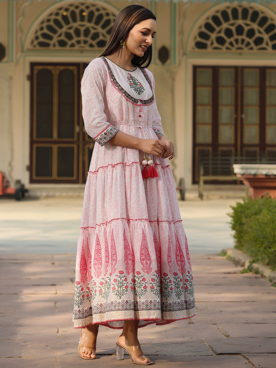 Baby Pink Cotton Voile Printed Tiered Maxi Dress