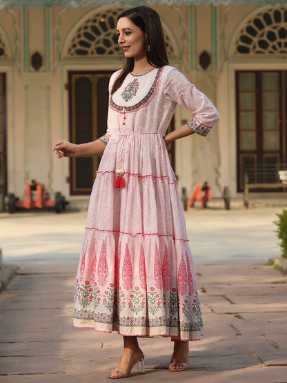 Baby Pink Cotton Voile Printed Tiered Maxi Dress