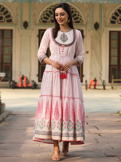 Baby Pink Cotton Voile Printed Tiered Maxi Dress Trendphoria Baby Pink Cotton Voile Printed Tiered Maxi Dress Trendphoria