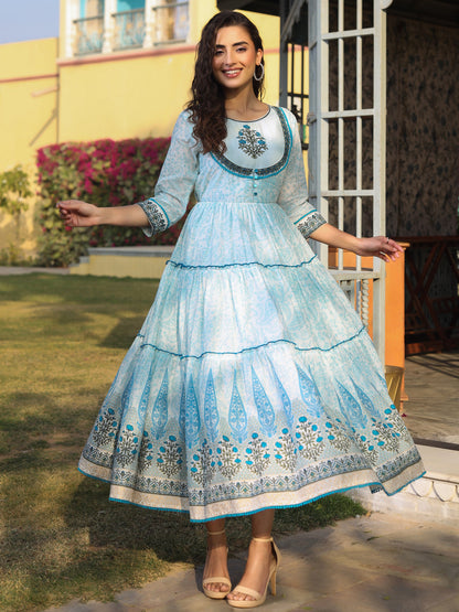 Sky Blue Cotton Voile Printed Tiered Maxi Dress