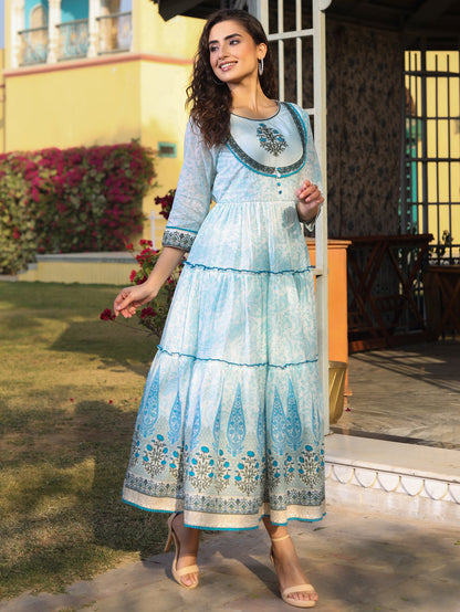 Sky Blue Cotton Voile Printed Tiered Maxi Dress