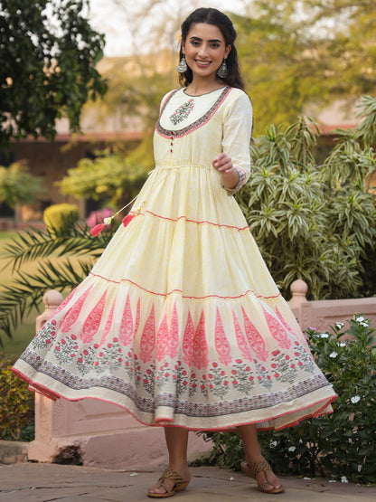 Yellow Cotton Voile Printed Tiered Maxi Dress