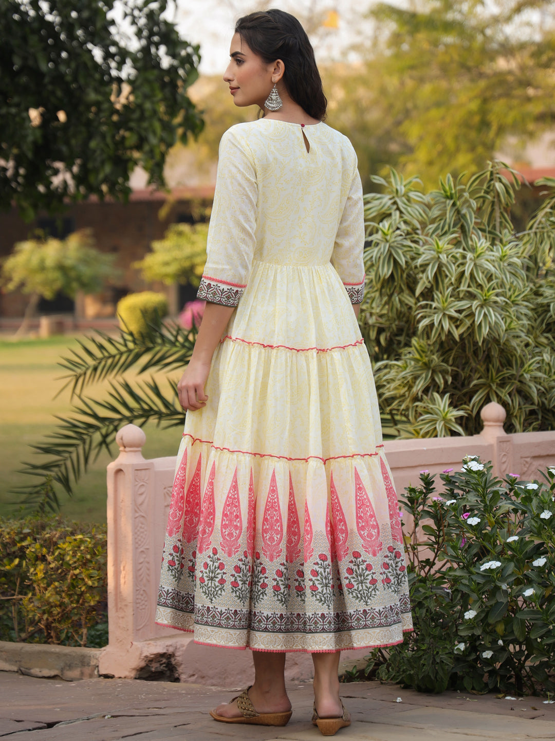Yellow Cotton Voile Printed Tiered Maxi Dress