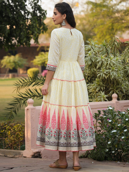 Yellow Cotton Voile Printed Tiered Maxi Dress