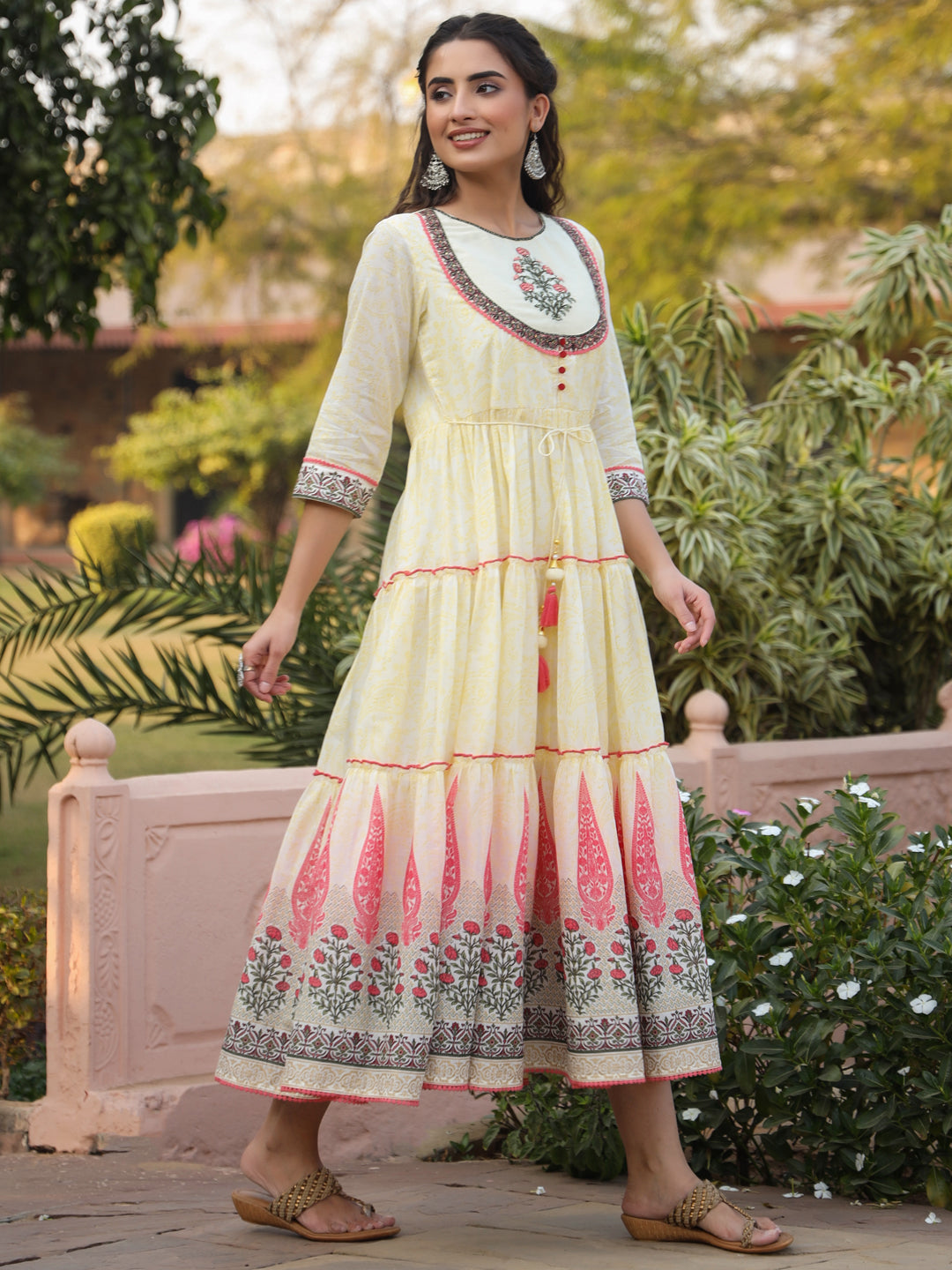 Yellow Cotton Voile Printed Tiered Maxi Dress