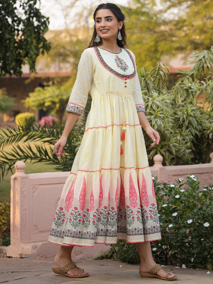 Yellow Cotton Voile Printed Tiered Maxi Dress