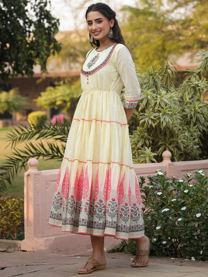 Yellow Cotton Voile Printed Tiered Maxi Dress