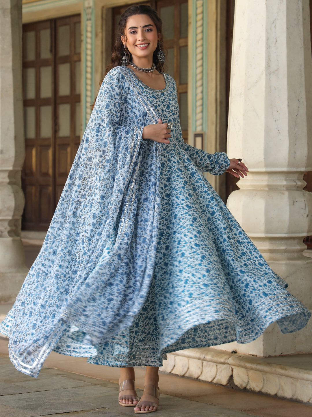 Blue Cambric Floral Printed Circular Kurta Dupatta Sets
