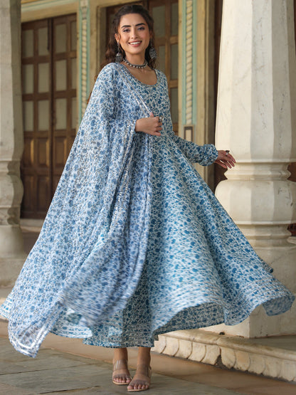 Blue Cambric Floral Printed Circular Kurta Dupatta Sets