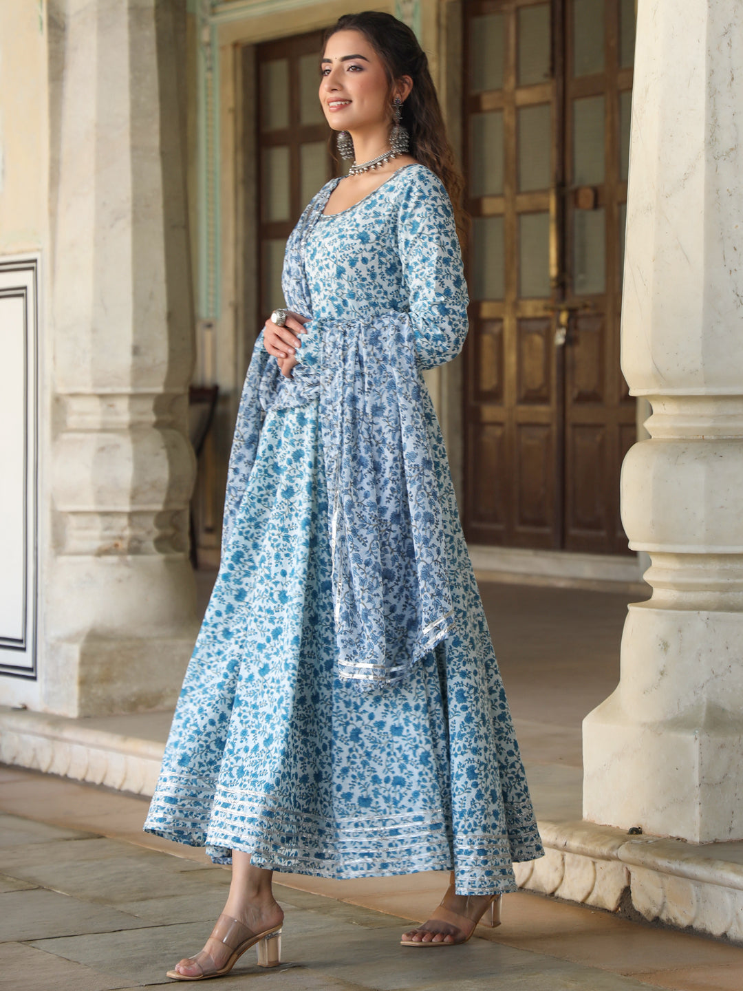 Blue Cambric Floral Printed Circular Kurta Dupatta Sets