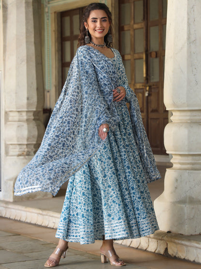 Blue Cambric Floral Printed Circular Kurta Dupatta Sets