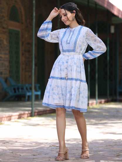 Off-White Chiffon Floral Printed Tiered Midi Dress