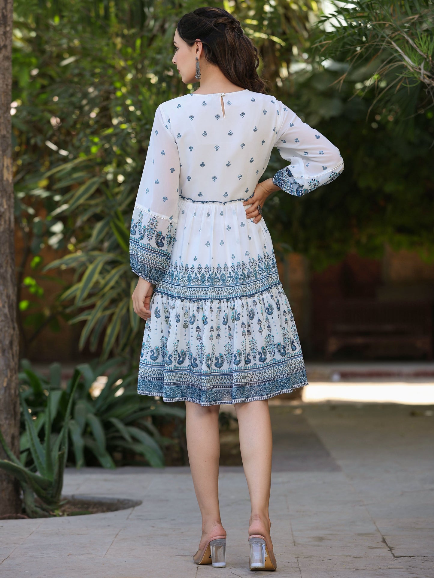 Off-White Georgette Ethnic Printed Flared Short Dress