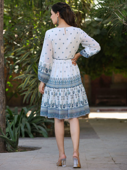 Off-White Georgette Ethnic Printed Flared Short Dress