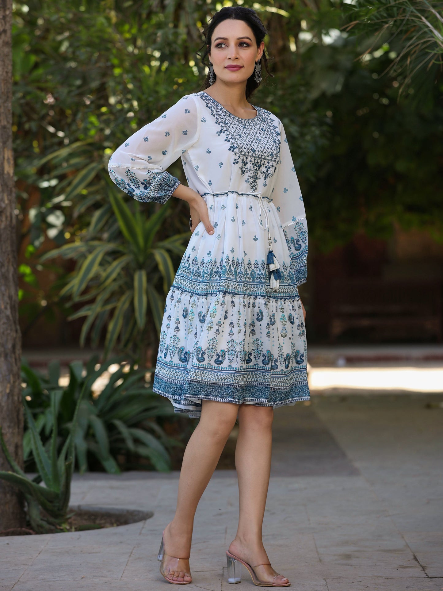 Off-White Georgette Ethnic Printed Flared Short Dress