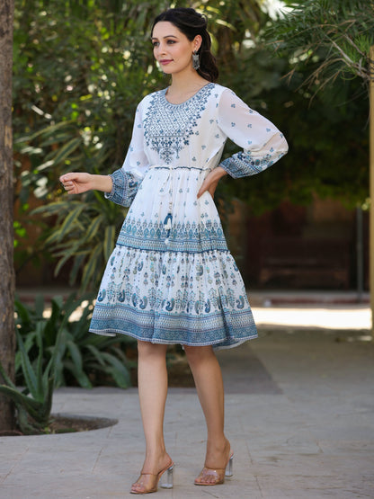 Off-White Georgette Ethnic Printed Flared Short Dress