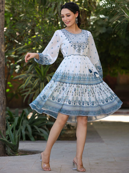Off-White Georgette Ethnic Printed Flared Short Dress