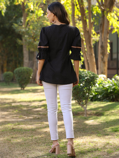 Black Cotton Solid With Embroidery Straight Tunic