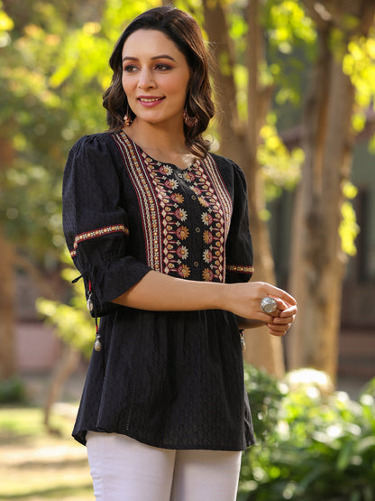 Black Cotton Solid With Embroidery Straight Tunic