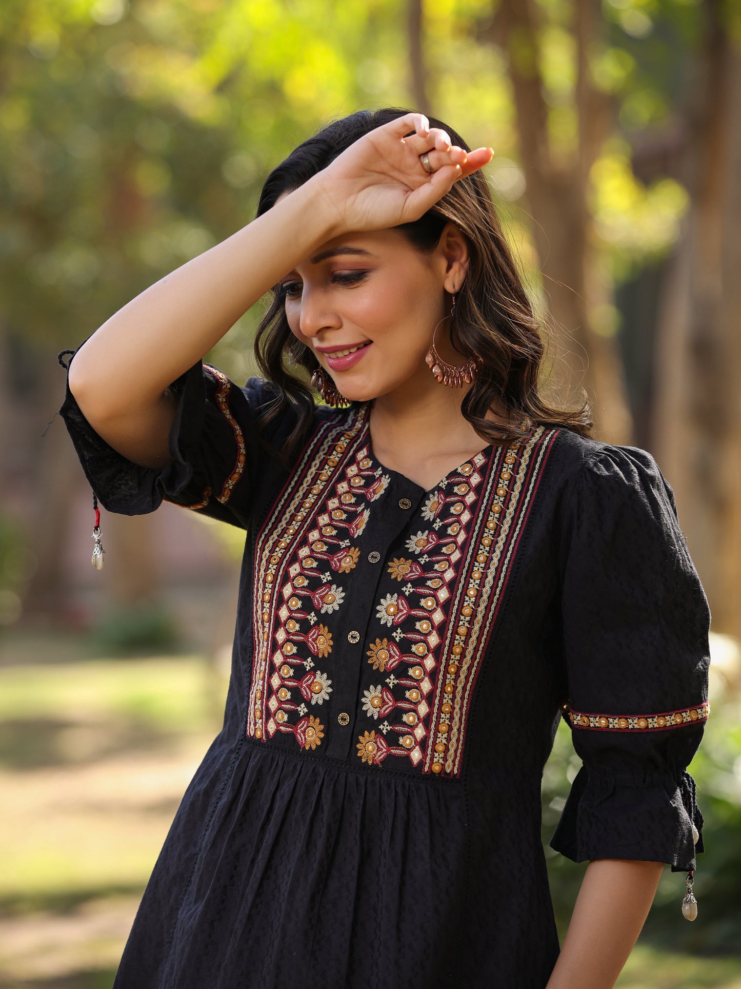 Black Cotton Solid With Embroidery Straight Tunic