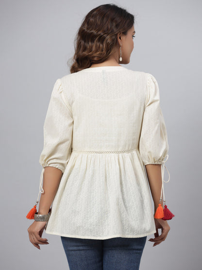 Offwhite Cotton Solid With Embroidered Straight Tunic