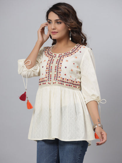 Offwhite Cotton Solid With Embroidered Straight Tunic