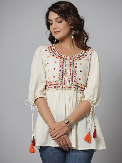 Offwhite Cotton Solid With Embroidered Straight Tunic