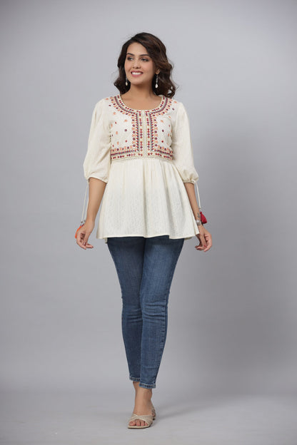 Offwhite Cotton Solid With Embroidered Straight Tunic