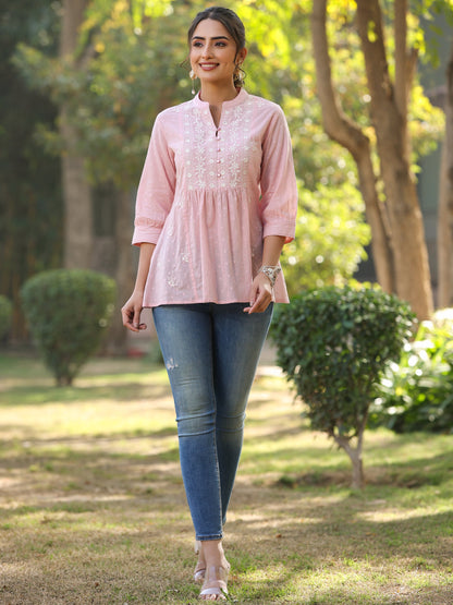 Pink Cotton Solid With Embroidery Straight Tunic