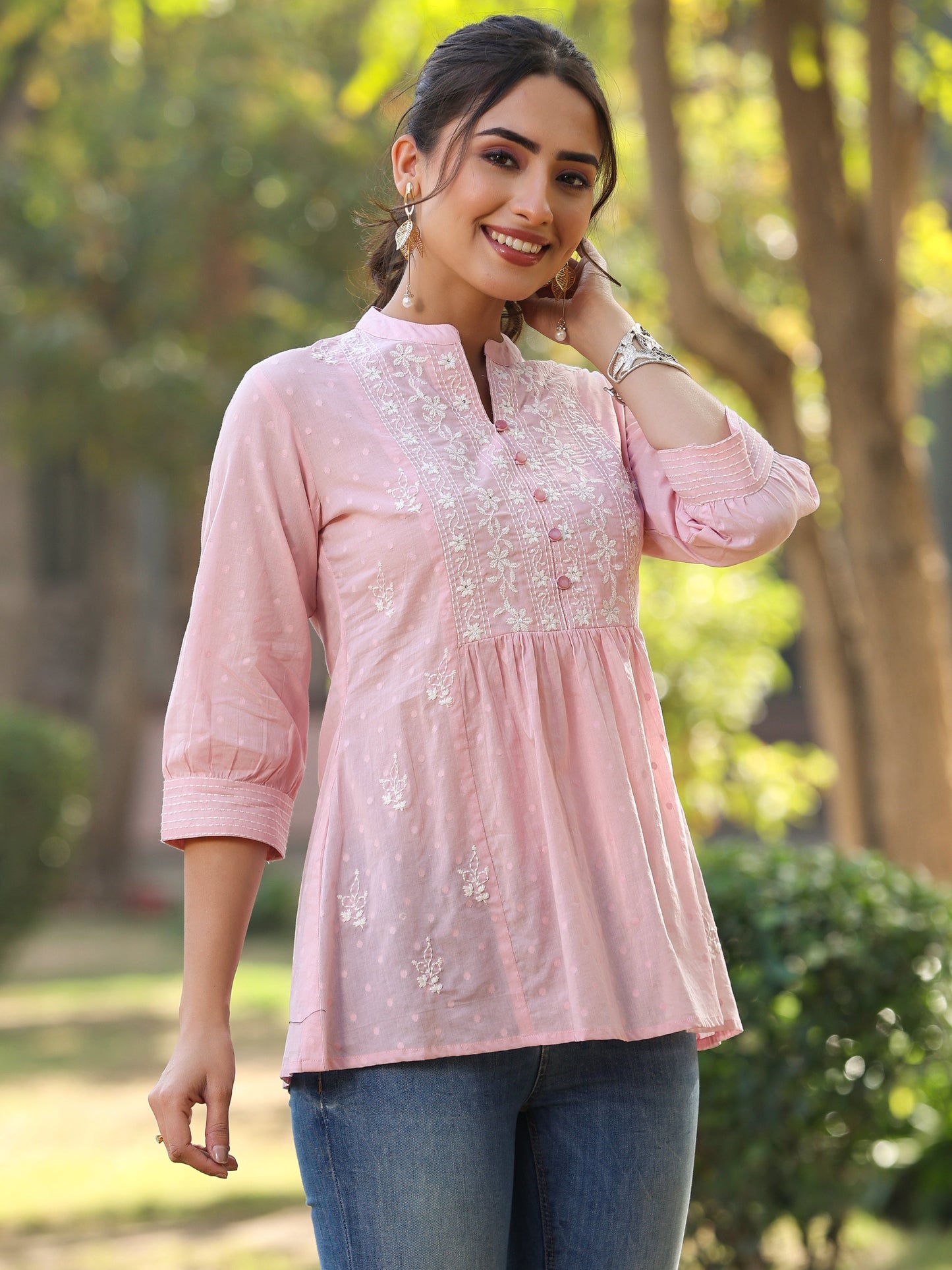 Pink Cotton Solid With Embroidery Straight Tunic