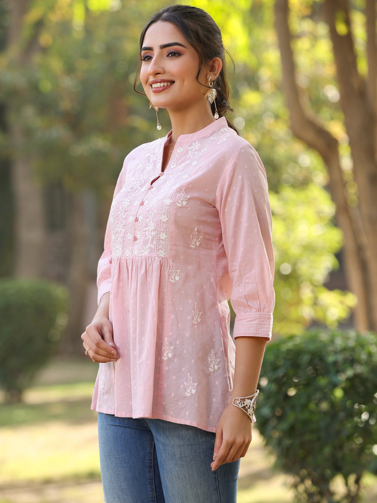 Pink Cotton Solid With Embroidery Straight Tunic