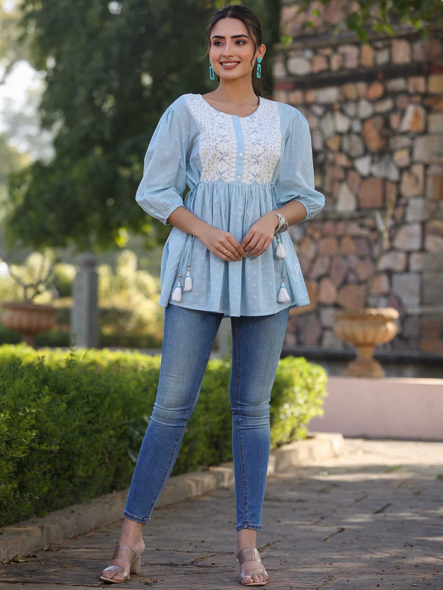 Blue Cotton Dobby Solid With Embroidery Straight Tunic