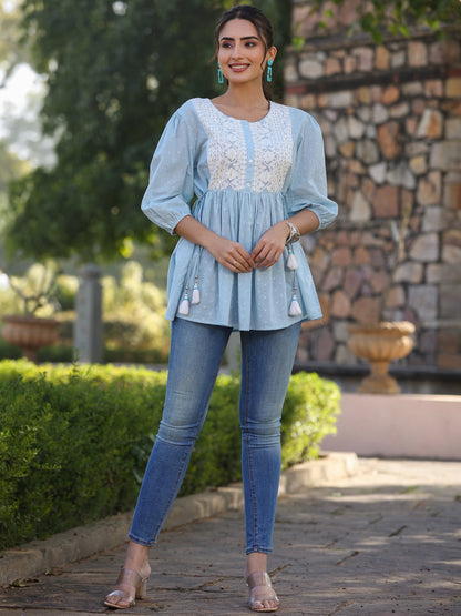 Blue Cotton Dobby Solid With Embroidery Straight Tunic