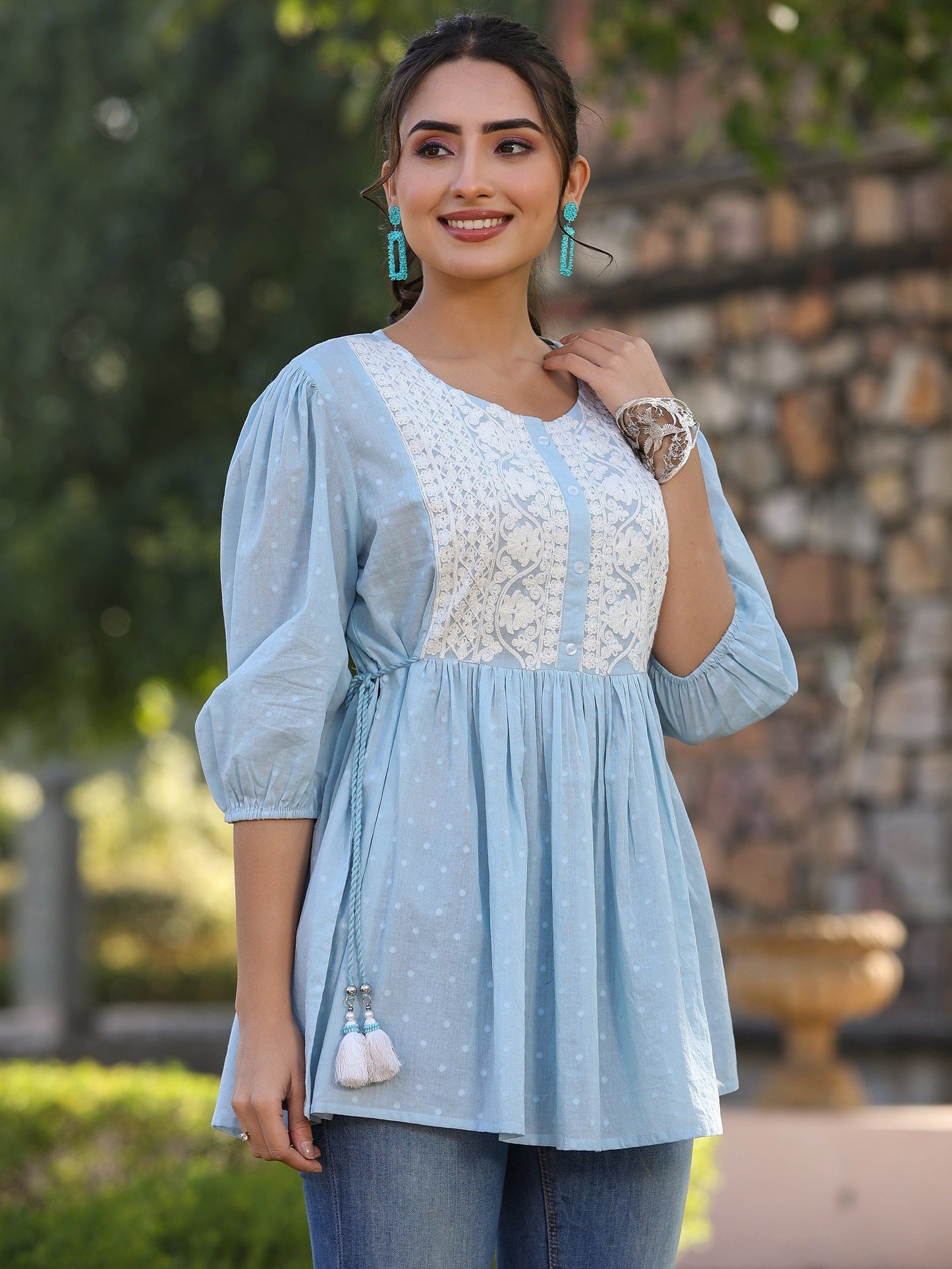 Blue Cotton Dobby Solid With Embroidery Straight Tunic