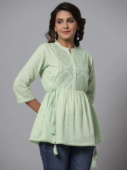 Green Cotton Solid With Embroidered Straight Tunic