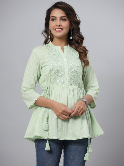 Green Cotton Solid With Embroidered Straight Tunic