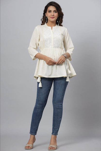 Offwhite Cotton Solid With Embroidered Straight Tunic