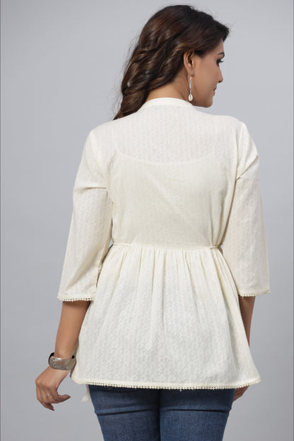 Offwhite Cotton Solid With Embroidered Straight Tunic