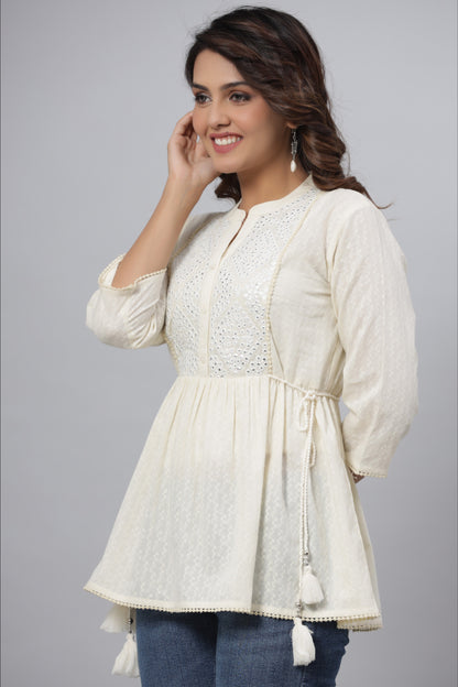 Offwhite Cotton Solid With Embroidered Straight Tunic
