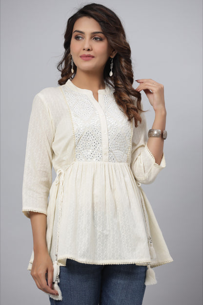 Offwhite Cotton Solid With Embroidered Straight Tunic