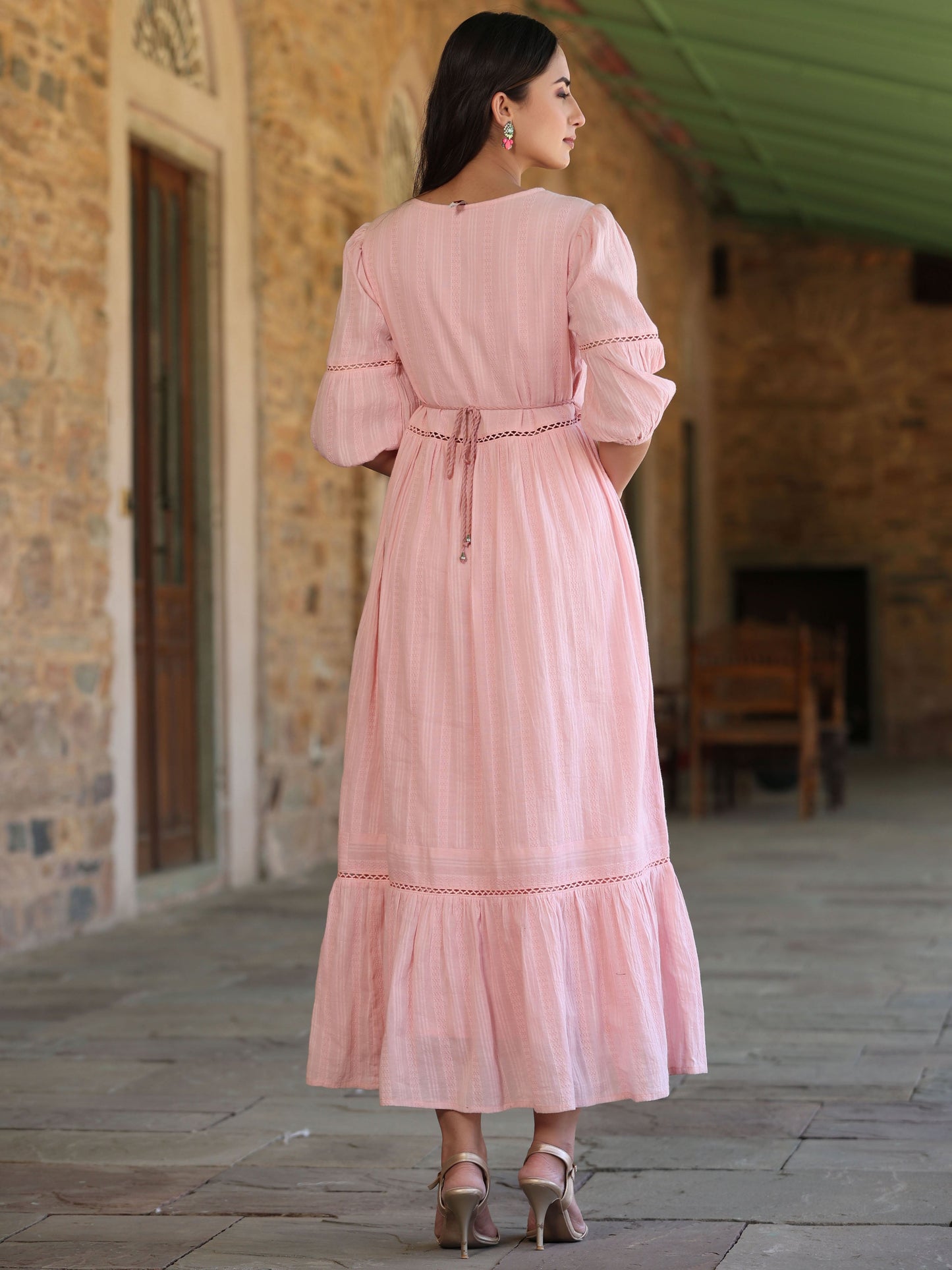 Pink Cotton Dobby Embroidery Flared Dress