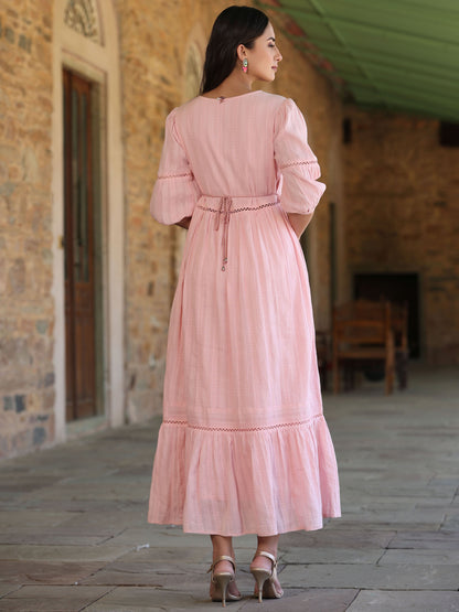 Pink Cotton Dobby Embroidery Flared Dress