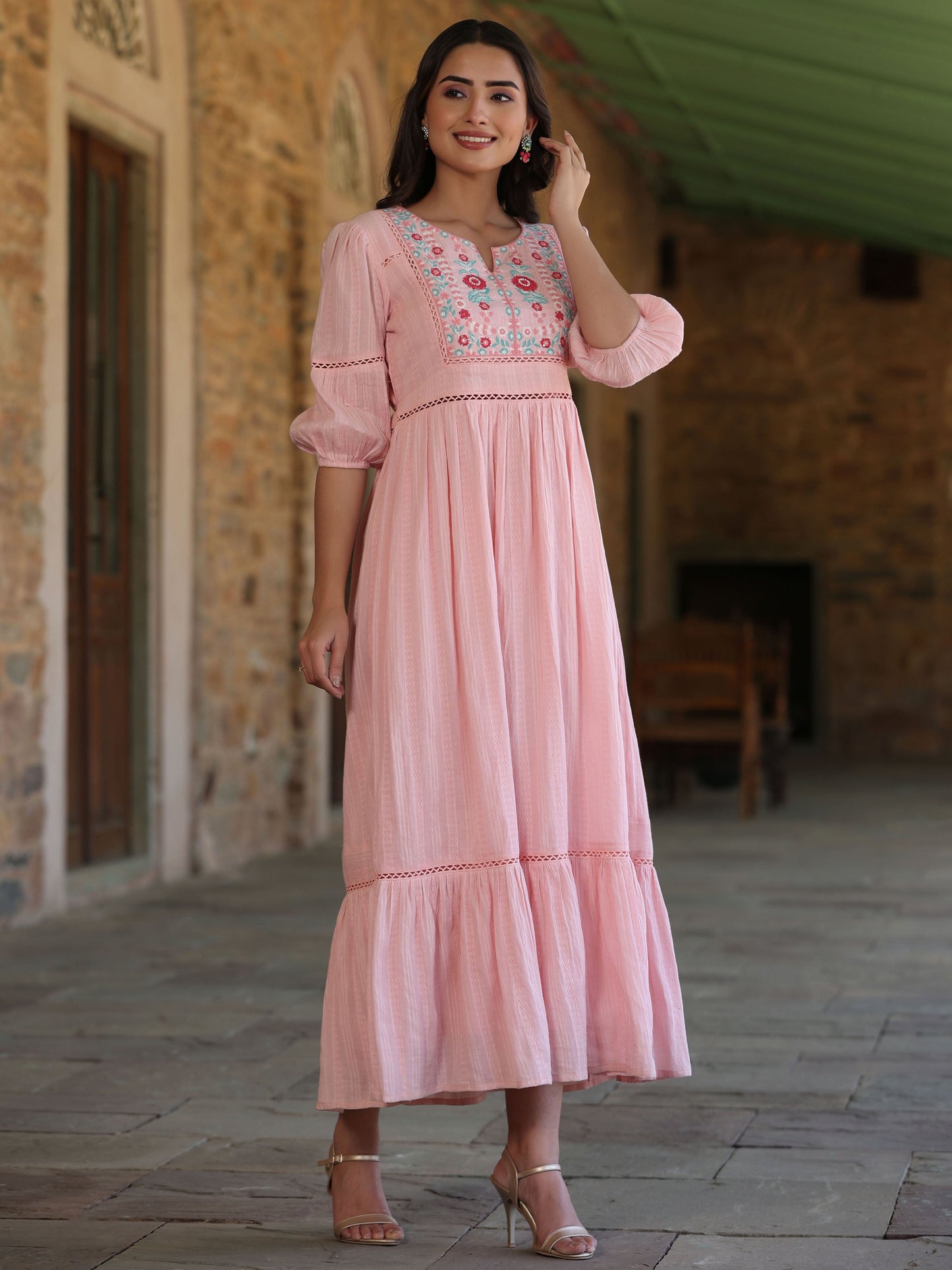 Pink Cotton Dobby Embroidery Flared Dress