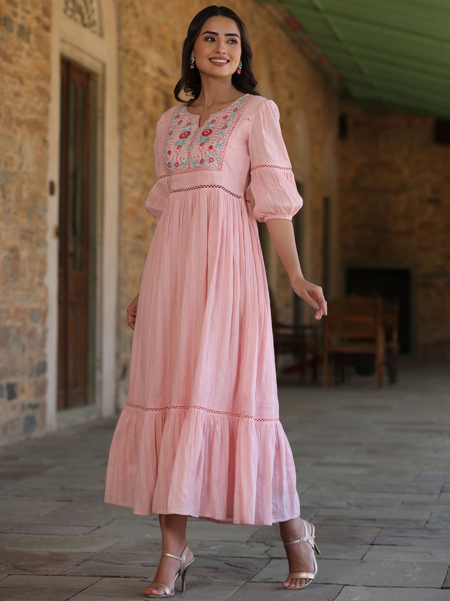 Pink Cotton Dobby Embroidery Flared Dress