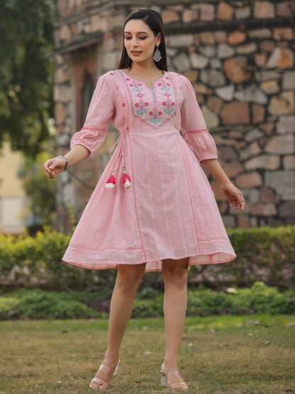 Pink Cotton Dobby Embroidery Flared Dress