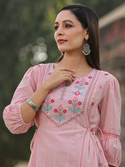 Pink Cotton Dobby Embroidery Flared Dress