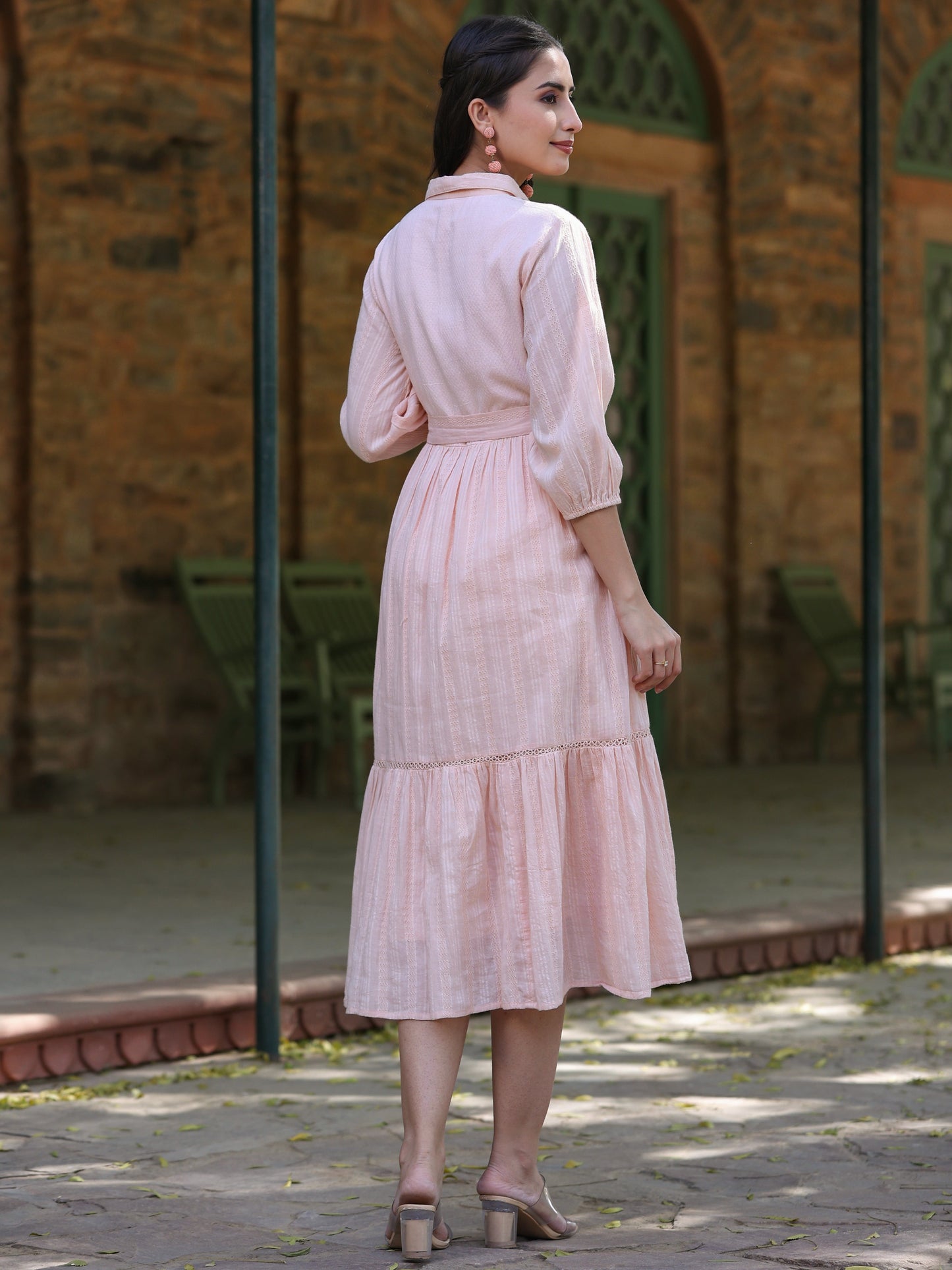 Peach Cotton Dobby Embroidered Flared Maxi Dress